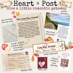 May include: A Heart + Post romantic getaway kit featuring a 16-page story titled The Long Way Around on 8.5x11 paper, a 6x9 envelope, a Staunton, Virginia postcard, a recipe card, a ticket bookmark, a QR code playlist, and a stamp graphic.