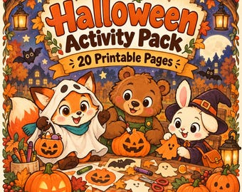 May include: A Halloween Activity Pack with 20 printable pages featuring a fox in a ghost costume, a bear carving a pumpkin, and a rabbit in a witch hat. The scene includes autumn leaves, jack-o'-lanterns, lanterns, and bats.