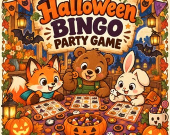 May include: A Halloween Bingo Party Game set featuring a fox, a bear, and a rabbit playing at a table. The game includes illustrated bingo cards with pumpkins, bats, and cats, plus a bowl of candy and jack-o'-lanterns in a festive autumn setting.