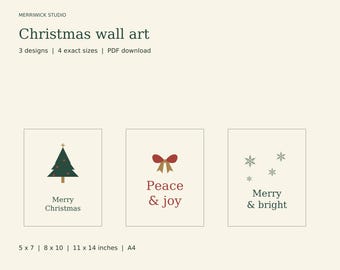 May include: Three digital wall art prints featuring Christmas themes. The first shows a tree with the text Merry Christmas. The second displays a red bow with the text Peace & joy. The third features snowflakes and the text Merry & bright.