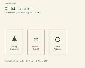 May include: Six folded Christmas cards from Merriwick Studio measuring 5 x 7 inches. The cards feature three designs: a green tree with 'Merry Christmas', a snowflake with 'Merry & Bright', and a wreath with 'Warm Wishes'.