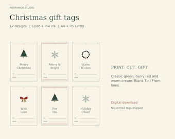 May include: A set of 12 printable Christmas gift tags in cream, green, and red. The tags feature holiday icons like trees, snowflakes, wreaths, and bows with text including Merry Christmas, Merry & Bright, Warm Wishes, With Love, For You, and Holiday Cheer.