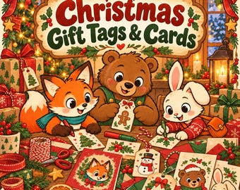 May include: A festive illustration featuring a fox, a bear, and a rabbit crafting Christmas gift tags and cards. The scene includes red ribbons, pine branches, and holiday-themed stationery with text reading Christmas Gift Tags & Cards.