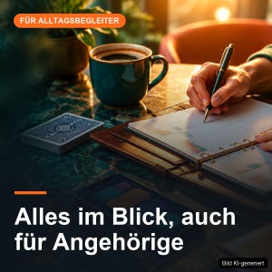 May include: A dark green ceramic coffee mug, a deck of playing cards, and a brown leather-bound planner with grid pages. A black pen is used to write on the planner. The text FÜR ALLTAGSBEGLEITER and Alles im Blick, auch für Angehörige is visible.