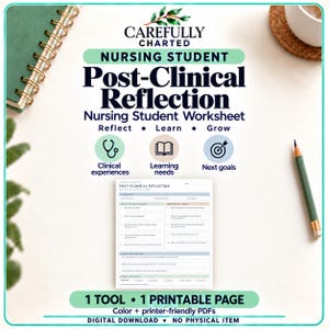 May include: A digital nursing student post-clinical reflection worksheet featuring the text Carefully Charted, Nursing Student Post-Clinical Reflection, Nursing Student Worksheet, Reflect, Learn, Grow, Clinical experiences, Learning needs, and Next goals.