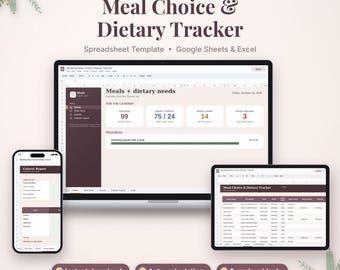 Puede incluir: Una plantilla de hoja de cálculo digital para el seguimiento de opciones de comida y necesidades dietéticas para Google Sheets y Excel. La pantalla muestra un panel con conteo de invitados, necesidades dietéticas, vista móvil y lista.