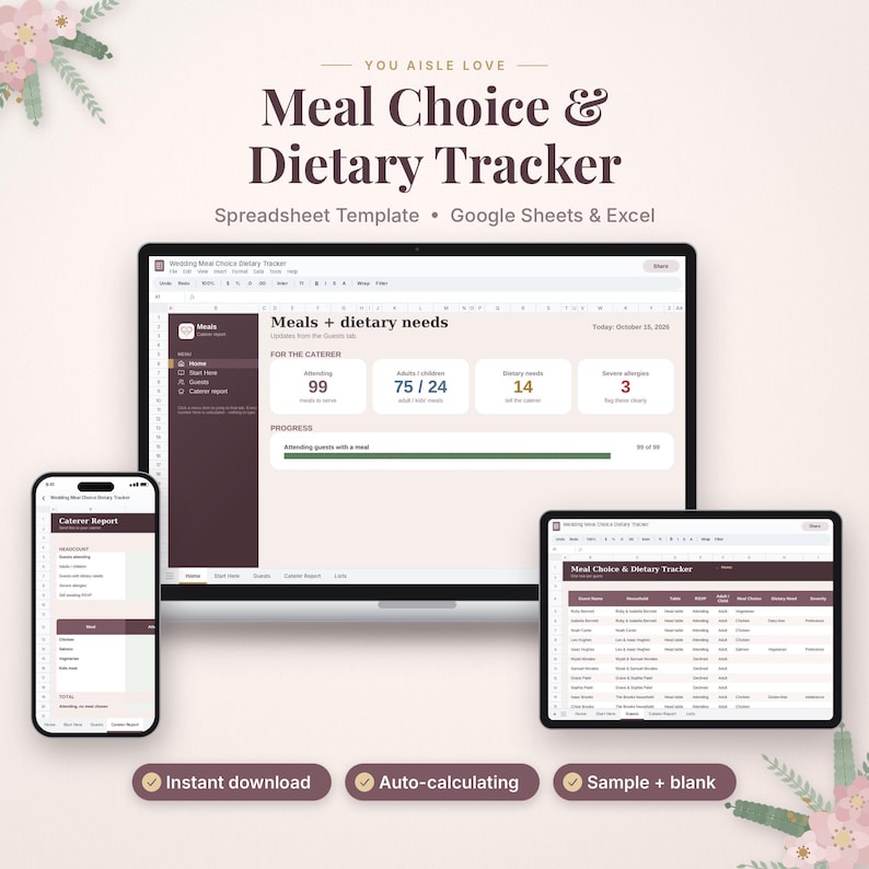 May include: A digital meal choice and dietary tracker spreadsheet template for Google Sheets and Excel. The display shows a dashboard with guest counts, dietary needs, and a progress bar, alongside a mobile view and a guest list table.