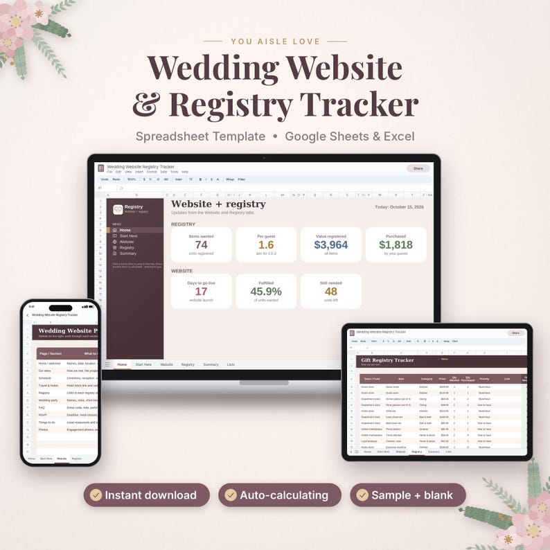 May include: A digital wedding website and registry tracker spreadsheet template for Google Sheets and Excel. The interface displays data dashboards with metrics for registry items, guest values, and website launch countdowns on laptop, tablet, and phone screens.