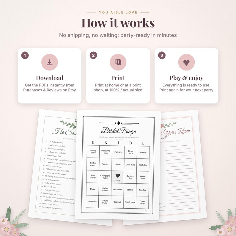 May include: A digital party game set featuring three printable sheets: a Bridal Bingo card, a He Said She Said game, and a Who Do You Know game. The instructional graphic above outlines a three-step process: download, print, and play.