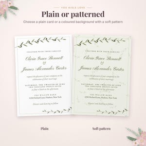 Puede incluir: Dos tarjetas de invitaci&oacute;n de boda con bordes de ramas de olivo. Una tarjeta tiene un fondo blanco liso, la otra un fondo verde claro con un patr&oacute;n suave. El texto incluye los nombres Olivia Grace Bennett y James Alexander Carter.