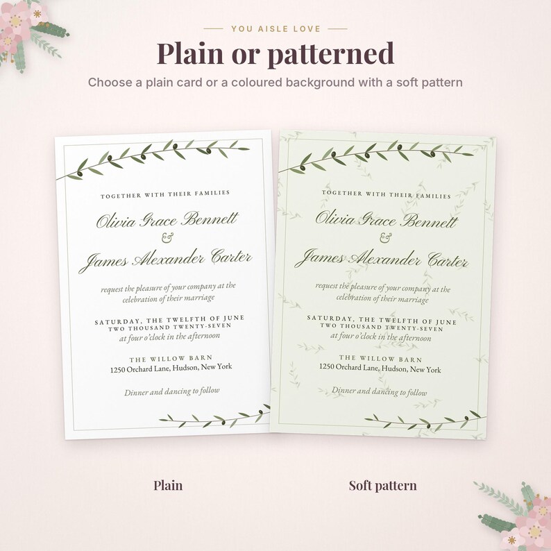Puede incluir: Dos tarjetas de invitaci&oacute;n de boda con bordes de ramas de olivo. Una tarjeta tiene un fondo blanco liso, la otra un fondo verde claro con un patr&oacute;n suave. El texto incluye los nombres Olivia Grace Bennett y James Alexander Carter.