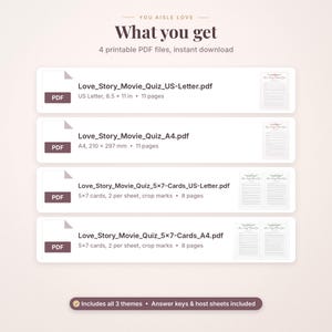 Pode incluir: Quatro arquivos PDF imprim&iacute;veis para um quiz do filme Love Story. Inclui arquivos A4 de 210 x 297 mm com 11 p&aacute;ginas e cart&otilde;es de 5 x 7 polegadas com 8 p&aacute;ginas. O texto inclui nomes de arquivos, dimens&otilde;es e chaves de resposta inclu&iacute;das.