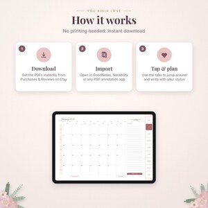 May include: A digital planner instruction graphic titled You Aisle Love How it works with three steps: Download, Import, and Tap & plan. Below, a tablet displays a monthly calendar page with tabs, a notes section, and floral accents.