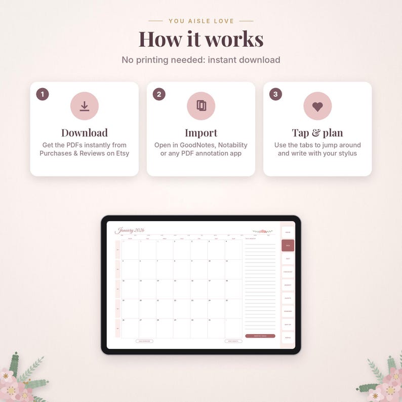 May include: A digital planner instruction graphic titled You Aisle Love How it works with three steps: Download, Import, and Tap & plan. Below, a tablet displays a monthly calendar page with tabs, a notes section, and floral accents.