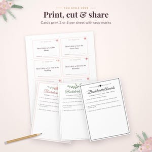 May include: A printable bachelorette awards card set featuring text that reads You Aisle Love, Print, cut & share, and Bachelorette Awards Superlatives for the crew. The set includes multiple award cards with lines for names and a pencil.