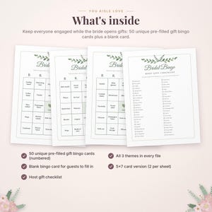 May include: A set of printable bridal bingo cards featuring a green leaf design at the top. The cards include text such as Bridal Bingo, What's inside, and a host gift checklist. The grid contains various household items like toaster and mugs.