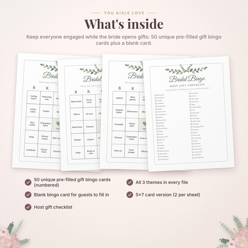May include: A set of printable bridal bingo cards featuring a green leaf design at the top. The cards include text such as Bridal Bingo, What's inside, and a host gift checklist. The grid contains various household items like toaster and mugs.
