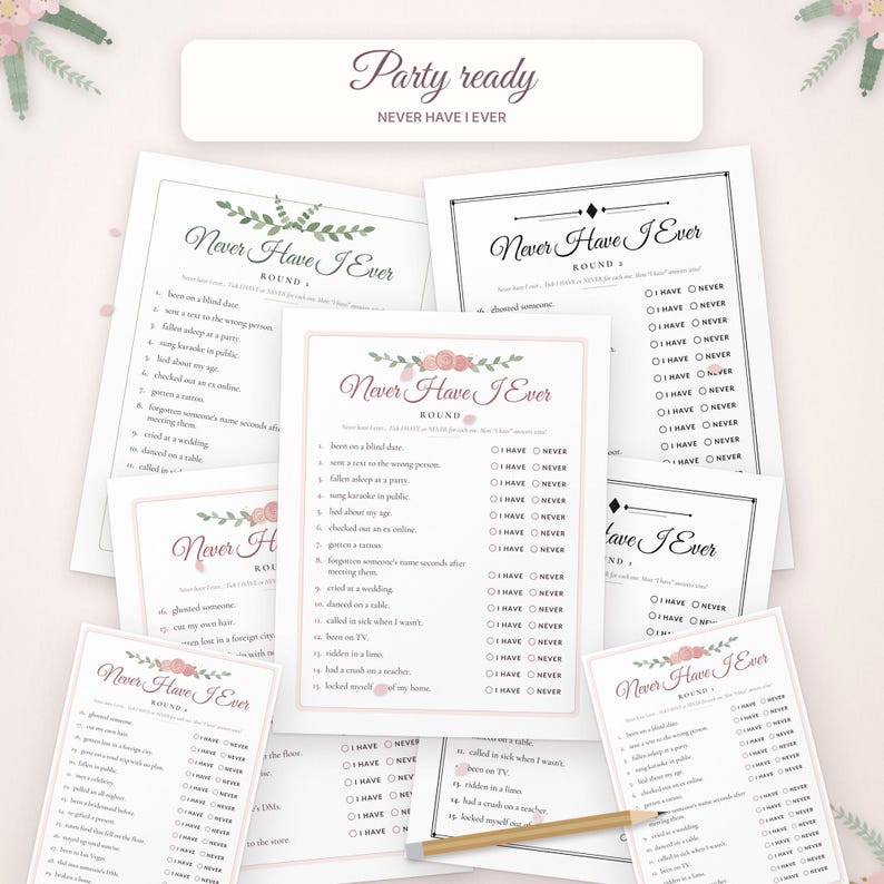May include: A collection of Never Have I Ever party game cards featuring floral accents, checkboxes for I Have and Never, and a wooden pencil. The cards include text such as Party ready, Never Have I Ever, and various numbered prompts.