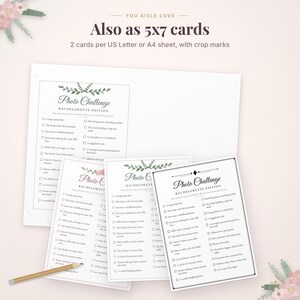 Może przedstawiać: Zestaw kart do gry w wyzwanie fotograficzne na wiecz&oacute;r panieński z czarnym tekstem, kwiatowymi akcentami i polami wyboru. Tekst brzmi Photo Challenge Bachelorette Edition, You Aisle Love oraz Also as 5x7 cards.