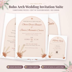 May include: A wedding invitation suite featuring arch-shaped designs in soft peach and white. The text includes You Aisle Love, Boho Arch Wedding Invitation Suite, and details for Olivia Grace Bennett and James Alexander Carter.