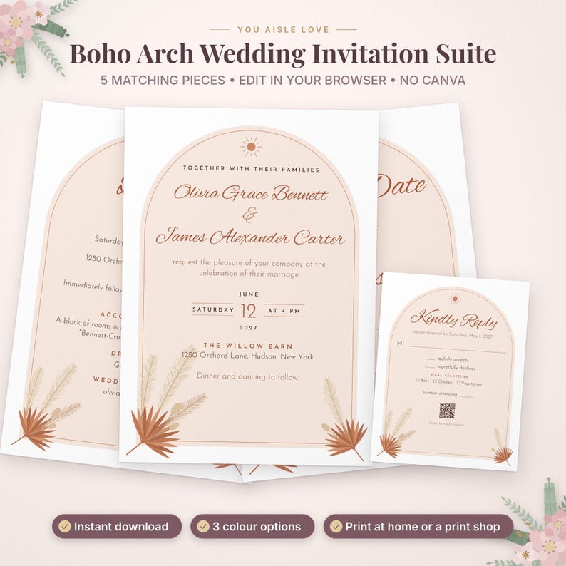 May include: A wedding invitation suite featuring arch-shaped designs in soft peach and white. The text includes You Aisle Love, Boho Arch Wedding Invitation Suite, and details for Olivia Grace Bennett and James Alexander Carter.