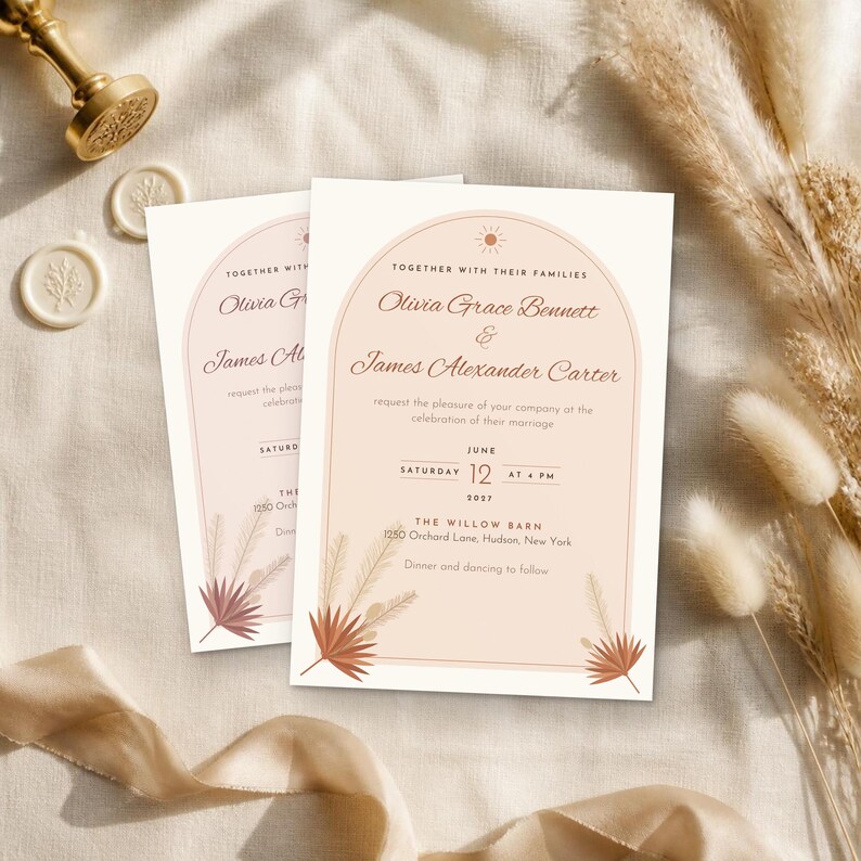 May include: A wedding invitation card featuring an arched design in soft peach tones. The text reads: Together with their families, Olivia Grace Bennett and James Alexander Carter, request the pleasure of your company at the celebration of their marriage.