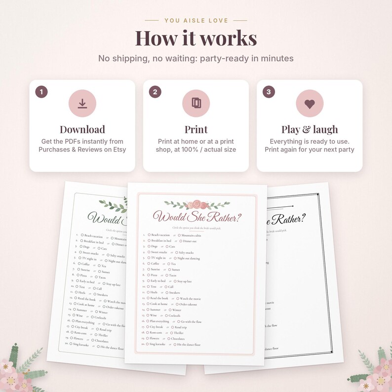 May include: A digital party game set titled Would She Rather featuring three printable sheets with floral accents. The instructional graphic displays three steps: Download, Print, and Play & laugh, explaining the process for instant access.