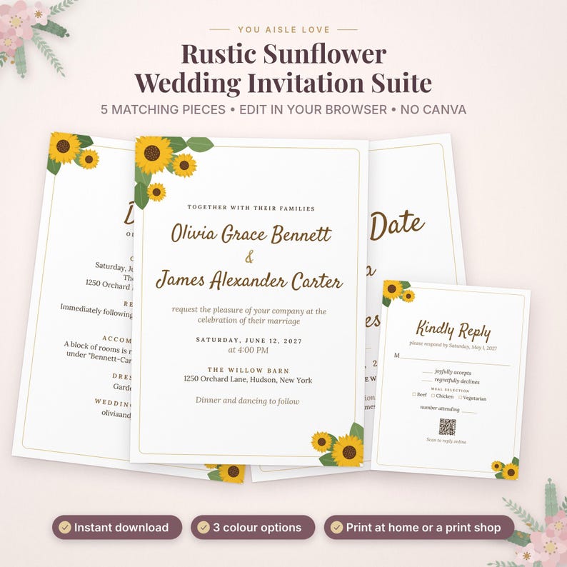 May include: A wedding invitation suite featuring white cards with gold borders and sunflower illustrations. The text includes names Olivia Grace Bennett and James Alexander Carter, date June 12, 2027, and a RSVP card with a QR code.