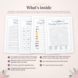 May include: A dusty blue bridal shower stationery set featuring printable games, invitations, and signs. The collection includes a Wedding Word Search, Emoji Wedding game, and Bingo cards, all decorated with floral accents and clear text.