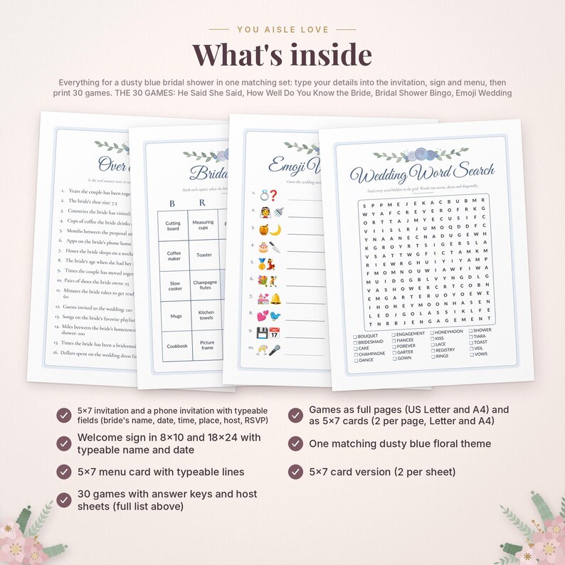 May include: A dusty blue bridal shower stationery set featuring printable games, invitations, and signs. The collection includes a Wedding Word Search, Emoji Wedding game, and Bingo cards, all decorated with floral accents and clear text.