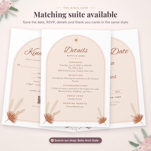 May include: Three wedding stationery cards featuring an arched design with a sun icon, text reading Details, Olivia & James, and ceremony information. The cards are decorated with illustrations of dried palm leaves in terracotta and beige tones.