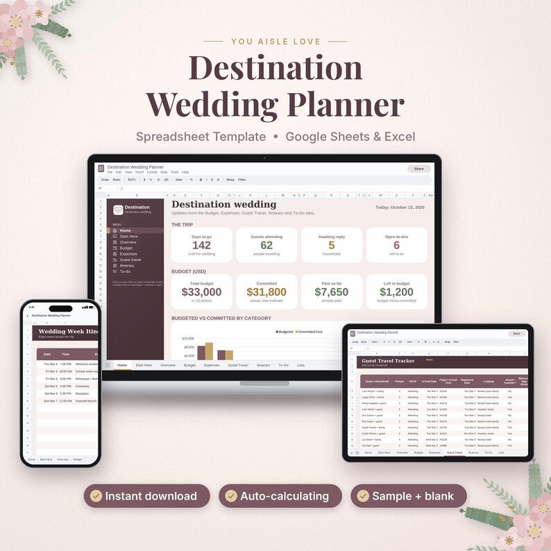 May include: A digital destination wedding planner spreadsheet template for Google Sheets and Excel. The display shows a dashboard with budget, guest, and travel tracking data, including text labels like Destination Wedding Planner.
