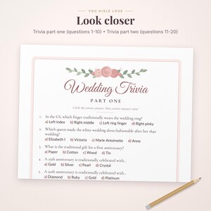 May include: A white wedding trivia game card with a pink border and floral illustration at the top. The text reads Wedding Trivia Part One, followed by five multiple-choice questions about wedding traditions and anniversaries.