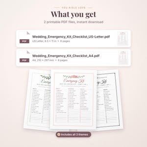 May include: Two digital PDF files for a wedding emergency kit checklist, including US Letter and A4 sizes. The documents feature three distinct design themes with categorized lists for beauty, wardrobe, and health items for wedding day preparation.