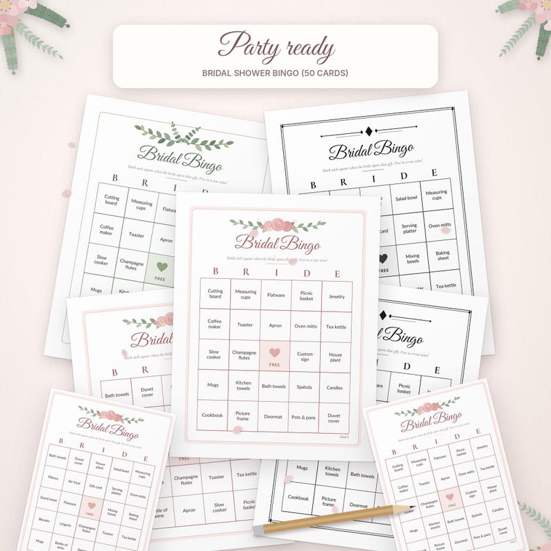 May include: A collection of Bridal Shower Bingo game cards featuring a grid with the letters B-R-I-D-E at the top. The cards include floral accents, a central free space, and various household item text. A wooden pencil lies across the cards.