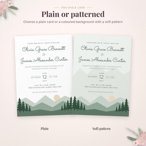 May include: Two wedding invitation cards featuring the text 'You aisle love', 'Plain or patterned', and 'Choose a plain card or a coloured background with a soft pattern'. The cards display the names Olivia Grace Bennett and James Alexander Carter.