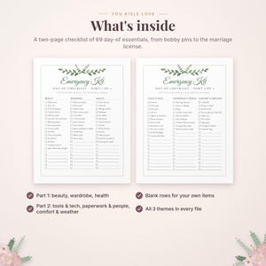 May include: A two-page wedding emergency kit checklist printed on white paper. The document features a green leaf illustration at the top, with columns for beauty, wardrobe, health, tools, tech, paperwork, and comfort items with checkboxes.