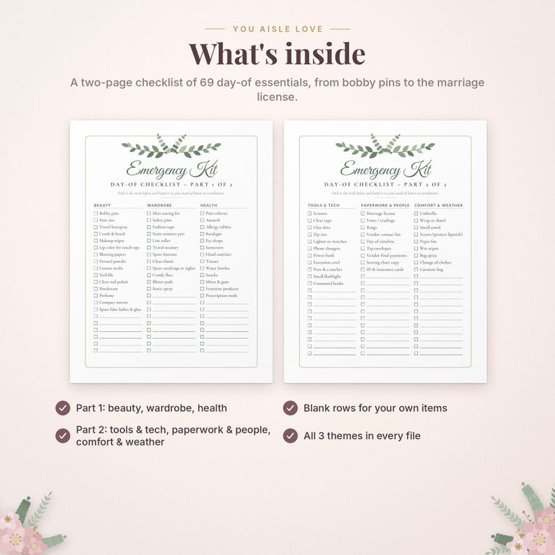 May include: A two-page wedding emergency kit checklist printed on white paper. The document features a green leaf illustration at the top, with columns for beauty, wardrobe, health, tools, tech, paperwork, and comfort items with checkboxes.