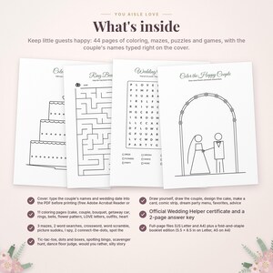 May include: A printable wedding activity book for children featuring 44 pages of coloring, mazes, puzzles, and games. The cover includes the text 'YOU AISLE LOVE' and 'What's inside', with sample pages showing a cake, a maze, a word search, and a couple.