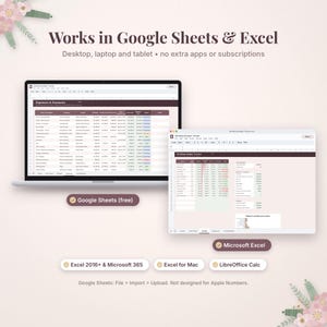 May include: A digital wedding budget tracker spreadsheet displayed on a laptop and tablet screen. The interface features columns for expenses, payments, and categories. Text includes Works in Google Sheets & Excel, Google Sheets (free), Microsoft Excel, Excel 2016+ & Microsoft 365, Excel for Mac, LibreOffice Calc, and Google Sheets: File > Import > Upload. Not designed for Apple Numbers.
