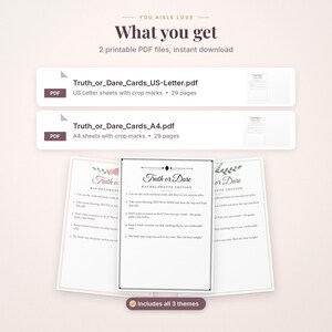 May include: Digital printable Truth or Dare Bachelorette Edition game cards. Includes two PDF files, US Letter and A4, with 29 pages each. The cards feature instructions for play, floral accents, and three distinct design themes.