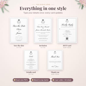 May include: A wedding stationery set featuring a Save the Date, Invitation, RSVP card, Details card, and Thank you card. Each white card has black text, a scalloped border, and a crest logo. Dimensions are 5x7 inches and 4.25x5.5 inches.