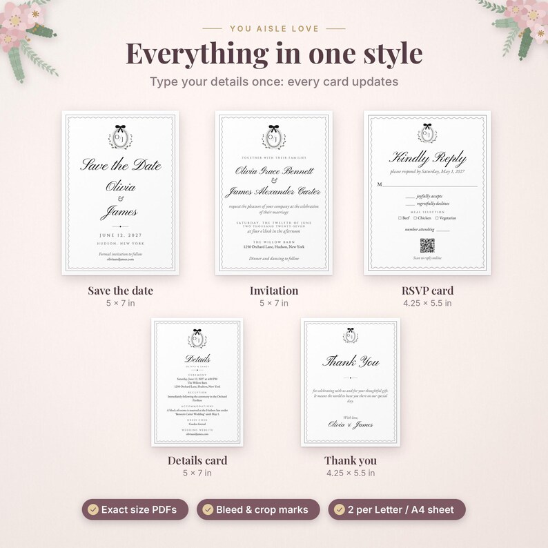 May include: A wedding stationery set featuring a Save the Date, Invitation, RSVP card, Details card, and Thank you card. Each white card has black text, a scalloped border, and a crest logo. Dimensions are 5x7 inches and 4.25x5.5 inches.