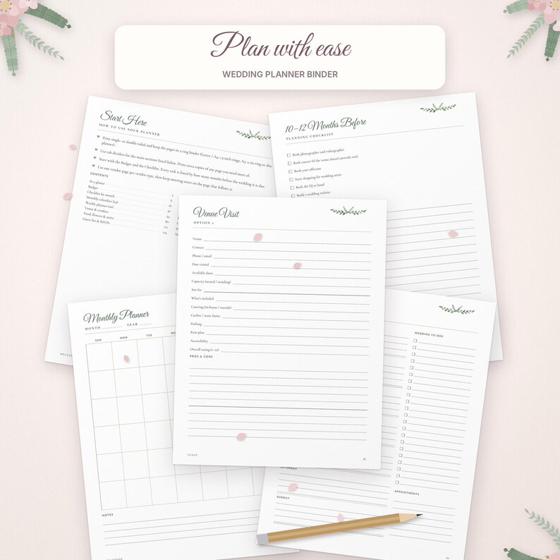 May include: A wedding planner binder set featuring white paper sheets with black text and floral accents. Pages include a Start Here guide, a 10-12 Months Before checklist, a Venue Visit form, a monthly calendar, and a to-do list with a pencil.