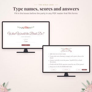 May include: Two computer monitors display a digital bridal shower game titled What Would the Bride Do? and How to Play. The screens feature pink floral accents, text instructions, and a start button on a light background with decorative flowers.