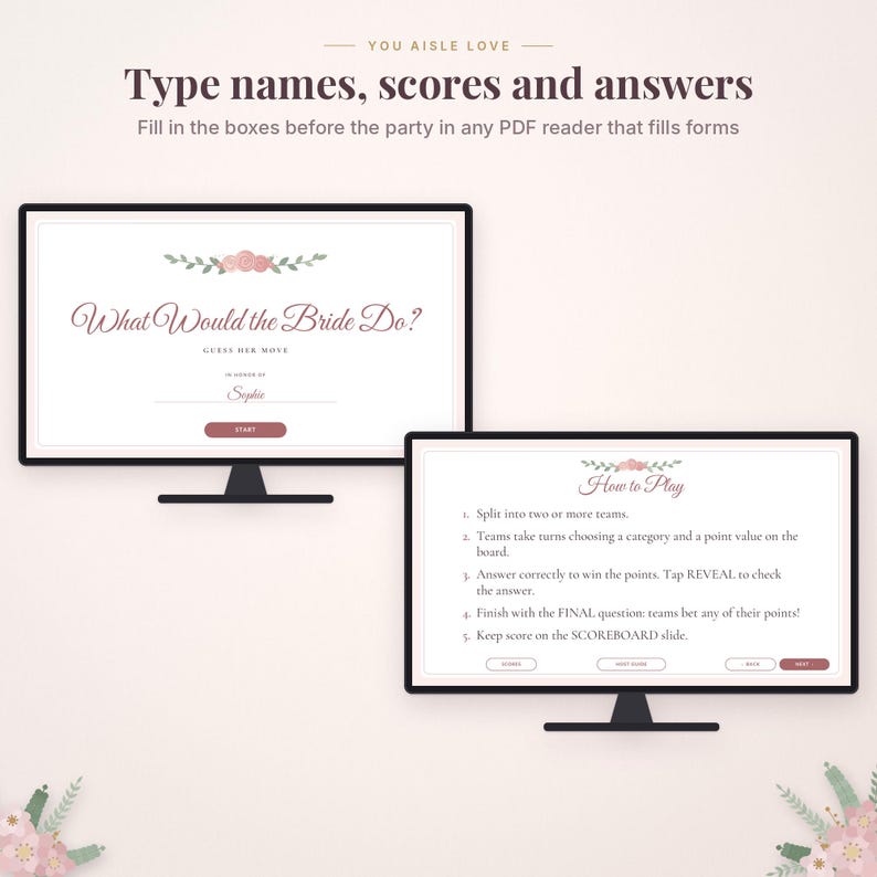 May include: Two computer monitors display a digital bridal shower game titled What Would the Bride Do? and How to Play. The screens feature pink floral accents, text instructions, and a start button on a light background with decorative flowers.
