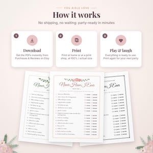 May include: An instructional graphic titled How it works with three steps: Download, Print, and Play & laugh. Below are three Never Have I Ever game sheets featuring lists of numbered prompts with checkboxes for I HAVE and NEVER responses.