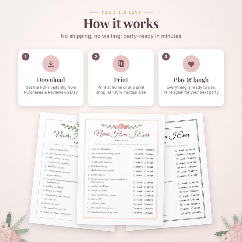 May include: An instructional graphic titled How it works with three steps: Download, Print, and Play & laugh. Below are three Never Have I Ever game sheets featuring lists of numbered prompts with checkboxes for I HAVE and NEVER responses.