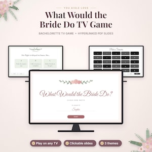 May include: A digital bachelorette party game titled What Would the Bride Do TV Game featuring hyperlinked PDF slides. The display shows a start screen for Sophie, a scenario slide about a flight delay, and a grid of numbered scenario options.