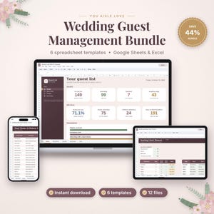 May include: A digital wedding guest management bundle featuring six spreadsheet templates for Google Sheets and Excel. The display shows a laptop, tablet, and smartphone screen with guest list trackers, RSVP summaries, and seating chart planners.